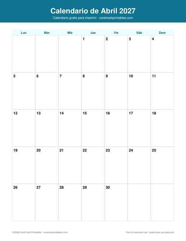 Calendario de Abril 2027 para Imprimir preview
