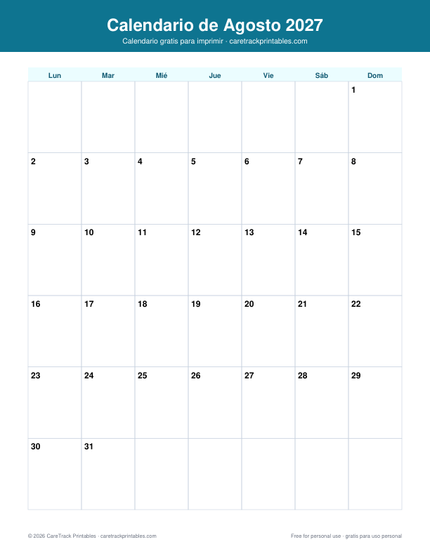 Calendario de Agosto 2027 para Imprimir