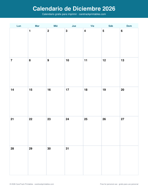 Calendario de Diciembre 2026 para Imprimir preview