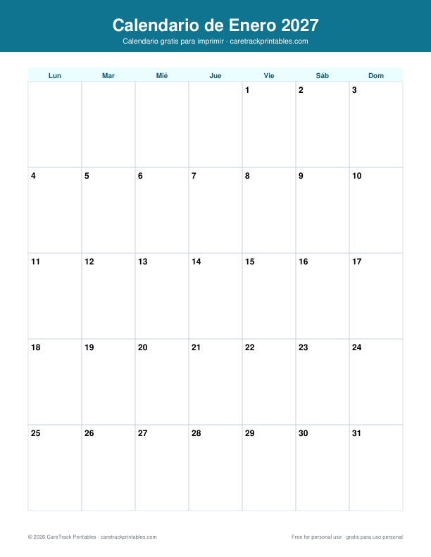Calendario de Enero 2027 para Imprimir preview