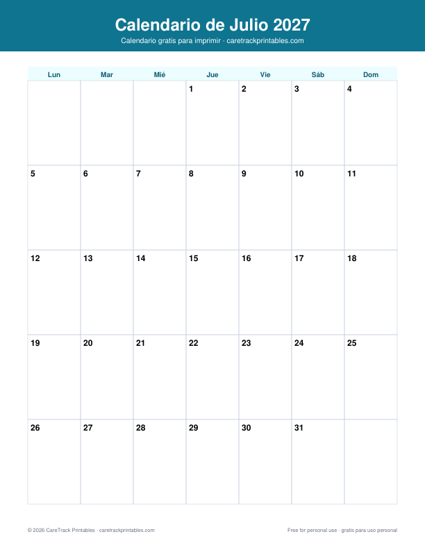 Calendario de Julio 2027 para Imprimir preview