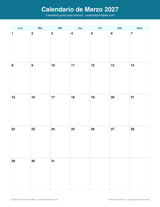 Calendario de Marzo 2027 para Imprimir preview