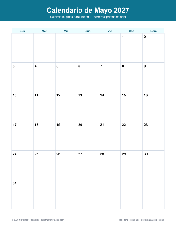 Calendario de Mayo 2027 para Imprimir preview