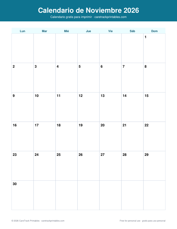 Calendario de Noviembre 2026 para Imprimir preview