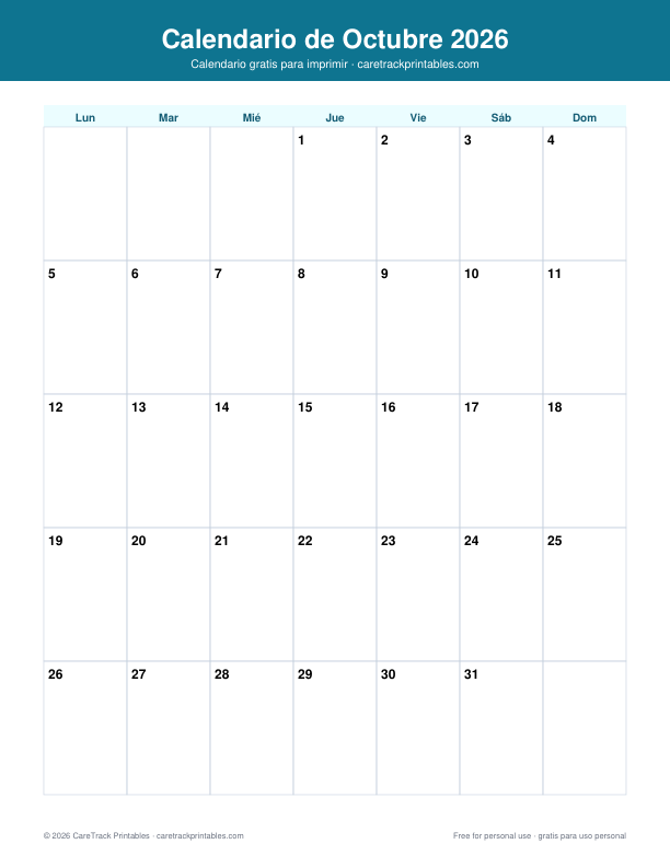 Calendario de Octubre 2026 para Imprimir preview