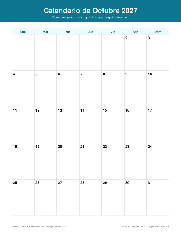 Calendario de Octubre 2027 para Imprimir preview