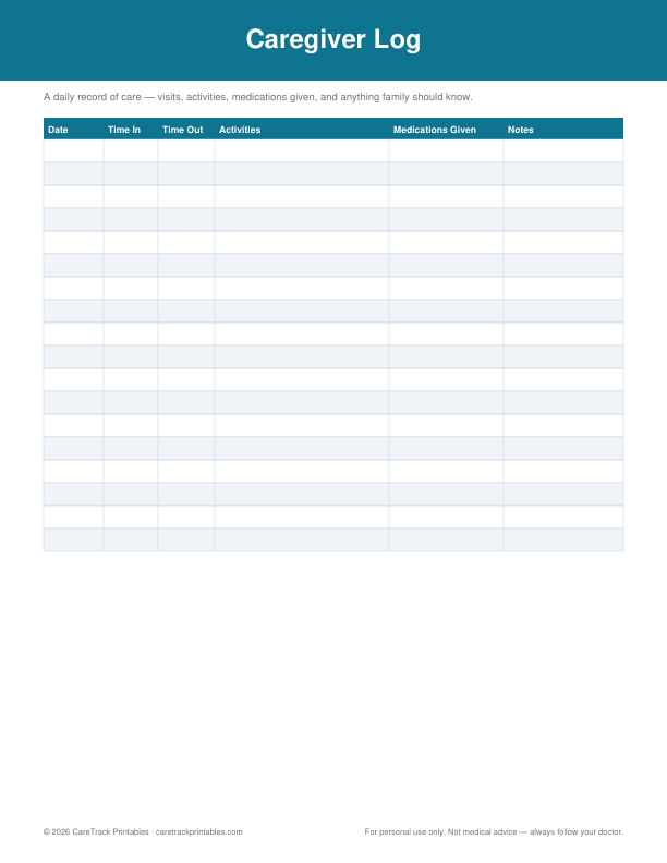 Free Printable Caregiver Log
