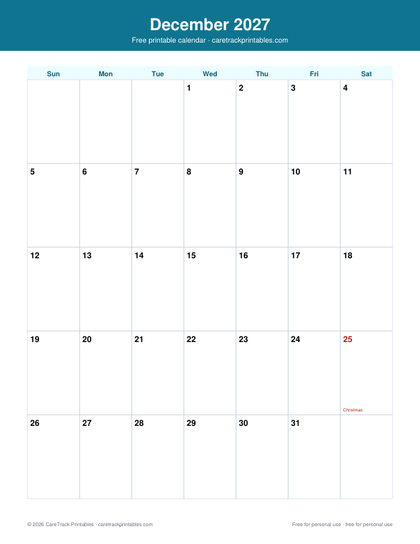 Free Printable December 2027 Calendar