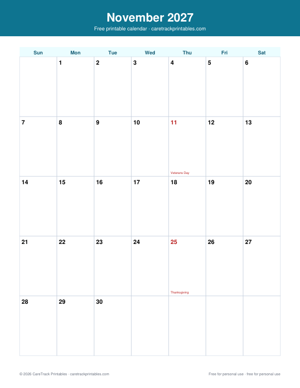 Free Printable November 2027 Calendar